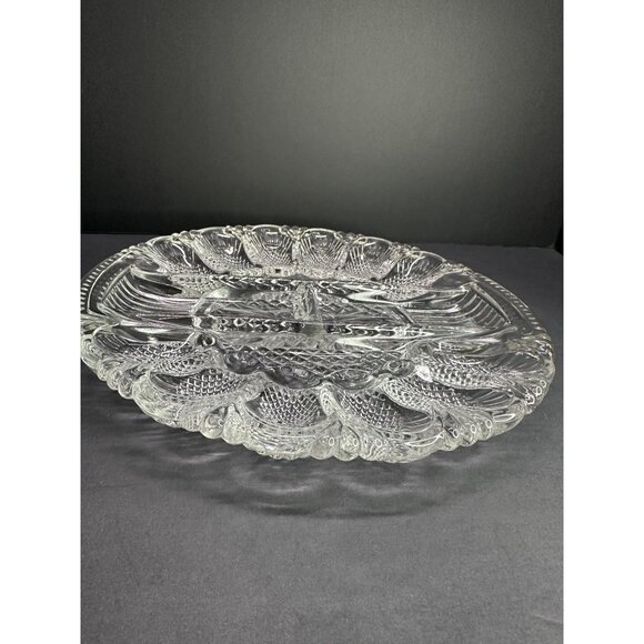 Vtg LE Smith Deviled Egg Plate Platter Relish Tray Dish Clear Glass Heritage 11" - Picture 3 of 10